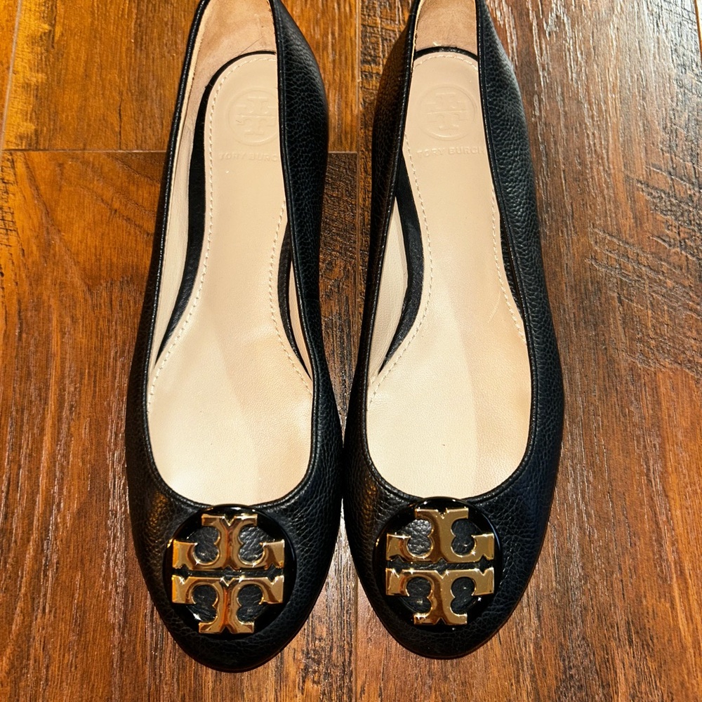 Tory Burch Black Leather Flats with Gold Logo